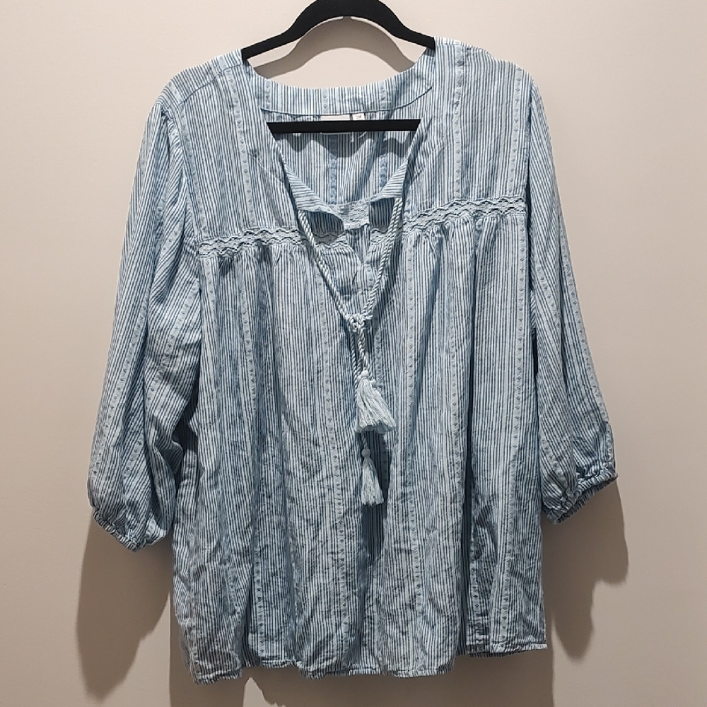 Light Blue Striped Peasant Blouse w/ Tassel Tie Vaca Casual Business Boho